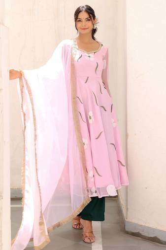 blush pink floral printed anarkali kurta with trouser set