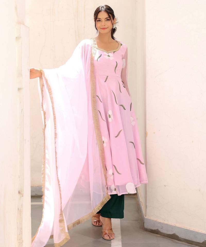 blush pink floral printed anarkali kurta with trouser set