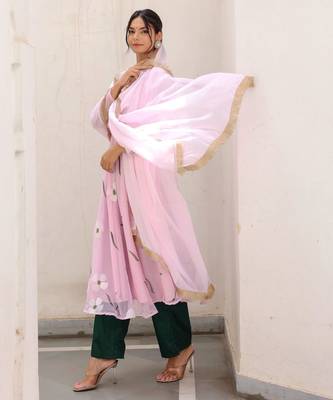 blush pink floral printed anarkali kurta with trouser set 2