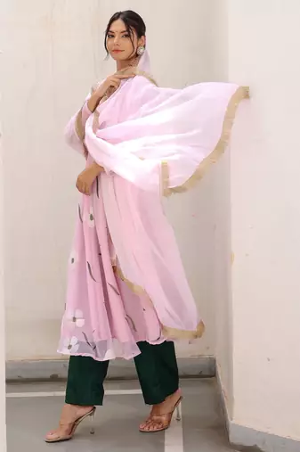 blush pink floral printed anarkali kurta with trouser set