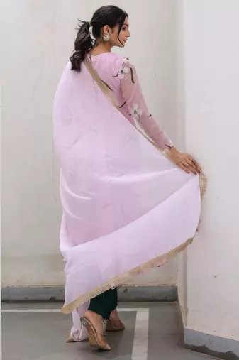 blush pink floral printed anarkali kurta with trouser set