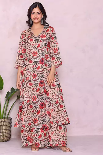 beife floral printed angrakha kurta with palazzo set