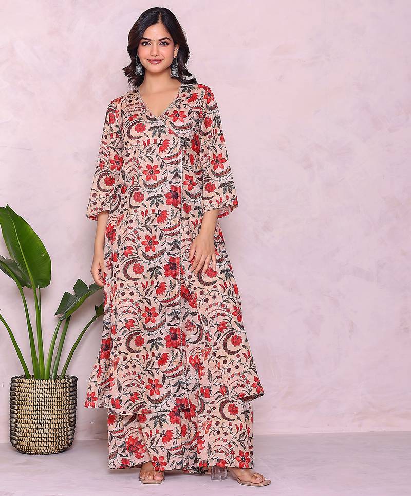 beife floral printed angrakha kurta with palazzo set