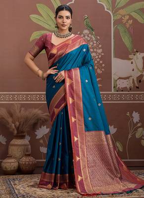 teal blue tussar silk blend weaving work saree 1
