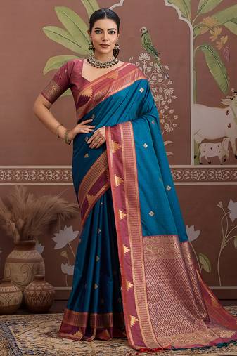 teal blue weaving work tussar art silk festival contemporary saree