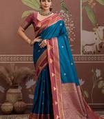 teal blue weaving work tussar art silk festival contemporary saree