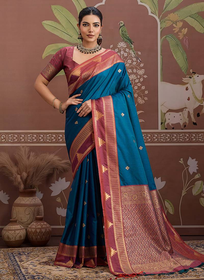 teal blue weaving work tussar art silk festival contemporary saree