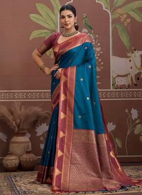 teal blue tussar silk blend weaving work saree 2