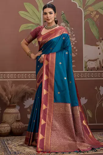 teal blue tussar silk blend weaving work saree