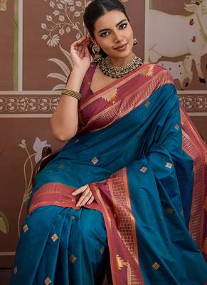 teal blue tussar silk blend weaving work saree 3