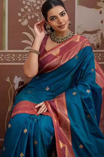 teal blue tussar silk blend weaving work saree