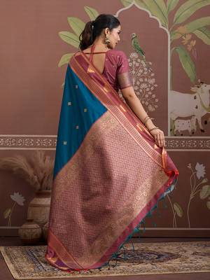 teal blue tussar silk blend weaving work saree 4