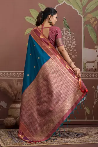 teal blue tussar silk blend weaving work saree