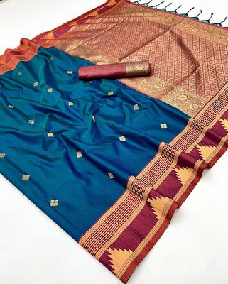 teal blue tussar silk blend weaving work saree 5