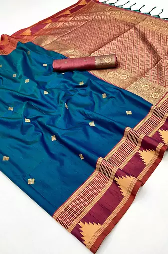 teal blue tussar silk blend weaving work saree