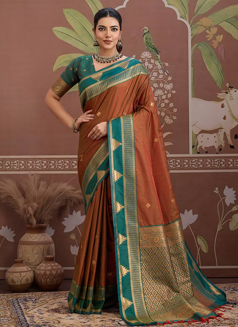rust weaving work tussar art silk festival contemporary saree