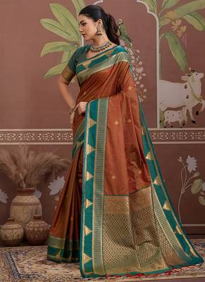 rust tussar silk blend weaving work saree 2