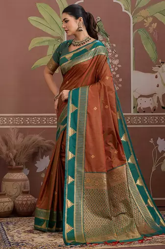 rust tussar silk blend weaving work saree