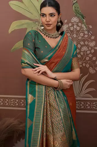 rust tussar silk blend weaving work saree