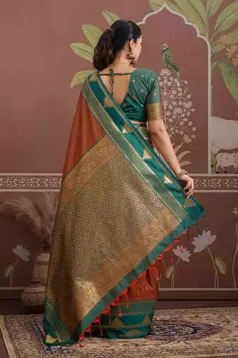 rust tussar silk blend weaving work saree