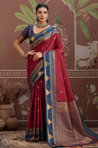 maroon weaving work tussar art silk festival contemporary saree