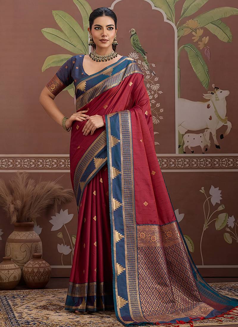 maroon weaving work tussar art silk festival contemporary saree