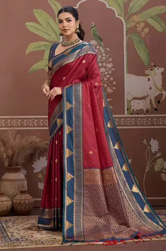 maroon tussar silk blend weaving work saree