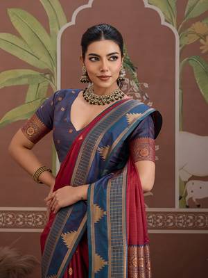 maroon tussar silk blend weaving work saree 3