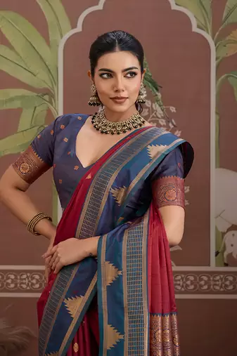 maroon tussar silk blend weaving work saree