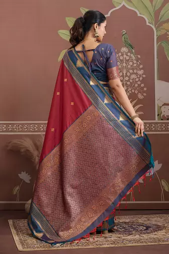 maroon tussar silk blend weaving work saree
