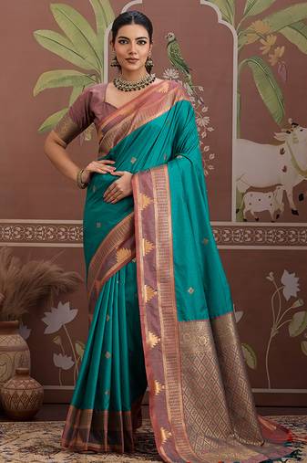 turquoise weaving work tussar art silk festival contemporary saree