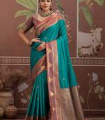 turquoise weaving work tussar art silk festival contemporary saree