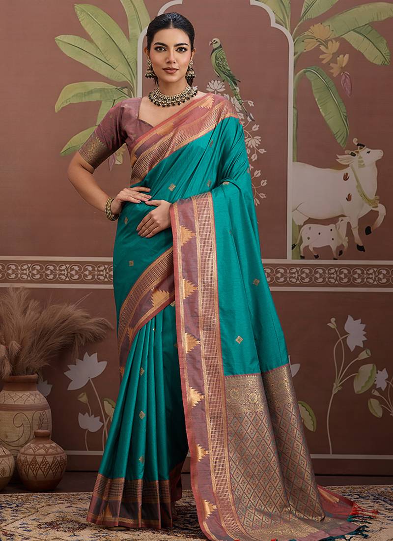 turquoise weaving work tussar art silk festival contemporary saree