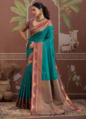 turquoise tussar silk blend weaving work saree 2