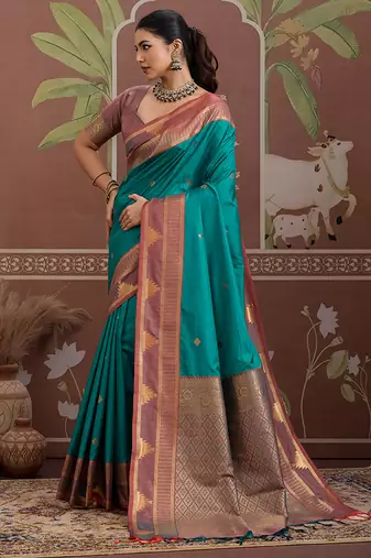 turquoise tussar silk blend weaving work saree