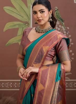 turquoise tussar silk blend weaving work saree 3