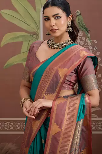 turquoise tussar silk blend weaving work saree