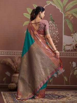 turquoise tussar silk blend weaving work saree 4