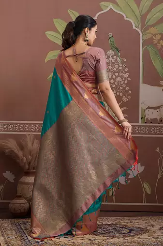 turquoise tussar silk blend weaving work saree