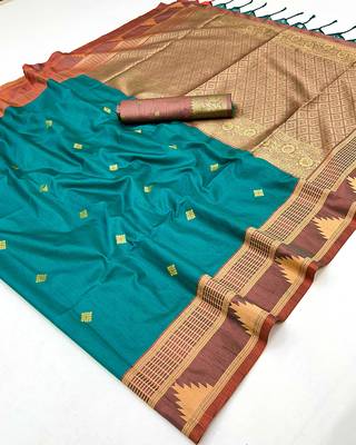 turquoise tussar silk blend weaving work saree 5