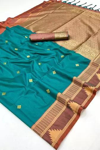 turquoise tussar silk blend weaving work saree
