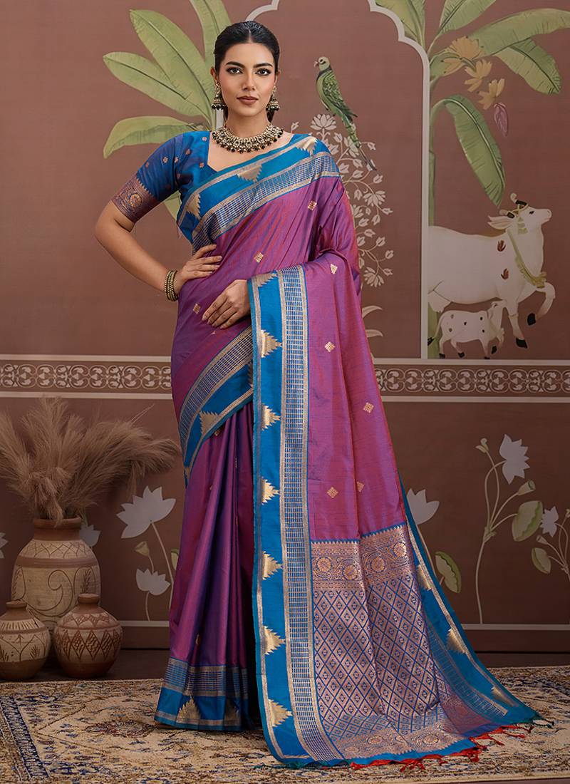 purple weaving work tussar art silk festival contemporary saree