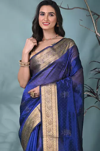 blue tissue saree with stone detailing