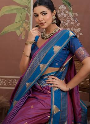 purple tussar silk blend weaving work saree 3
