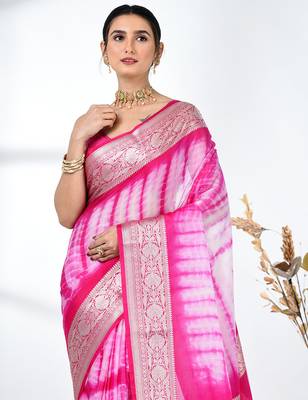pink & white silk blend tie & dye saree with intricate border 5