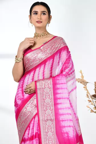 pink & white silk blend tie & dye saree with intricate border