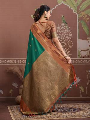 green tussar silk blend weaving work saree 4