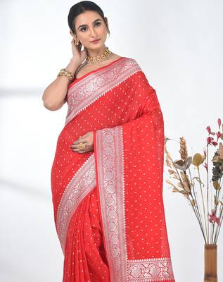 red georgette saree with silver border and detailing 5