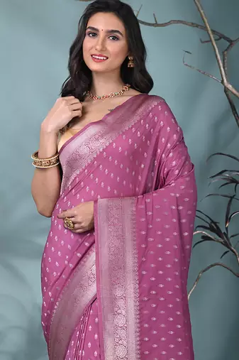 elegant mauve georgette saree with intricate silver zari work