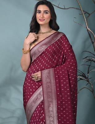 elegant fuchsia georgette saree with intricate silver zari work 5